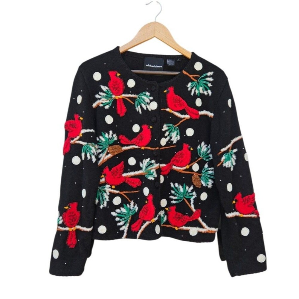 Michael Simon Cardinal Embroidered 3D Cardigan Knit Sweater Beaded Small Holiday